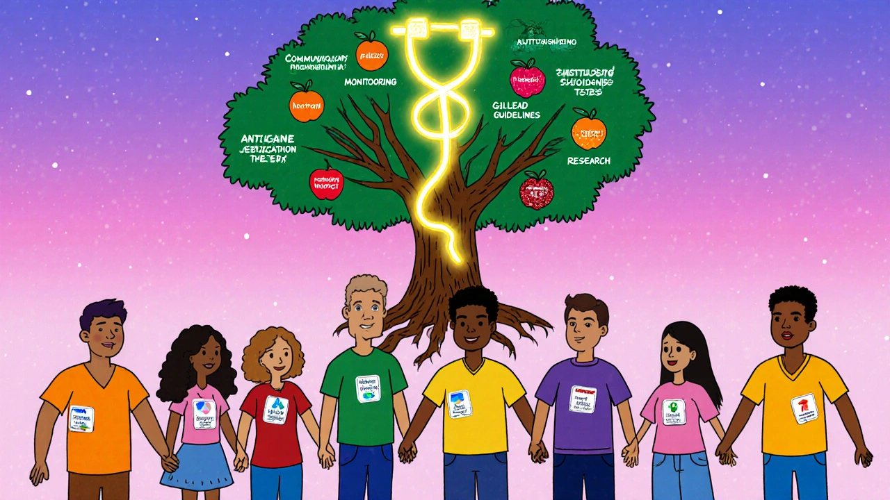 A diverse group of transgender people holding hands under a tree representing safe healthcare practices.