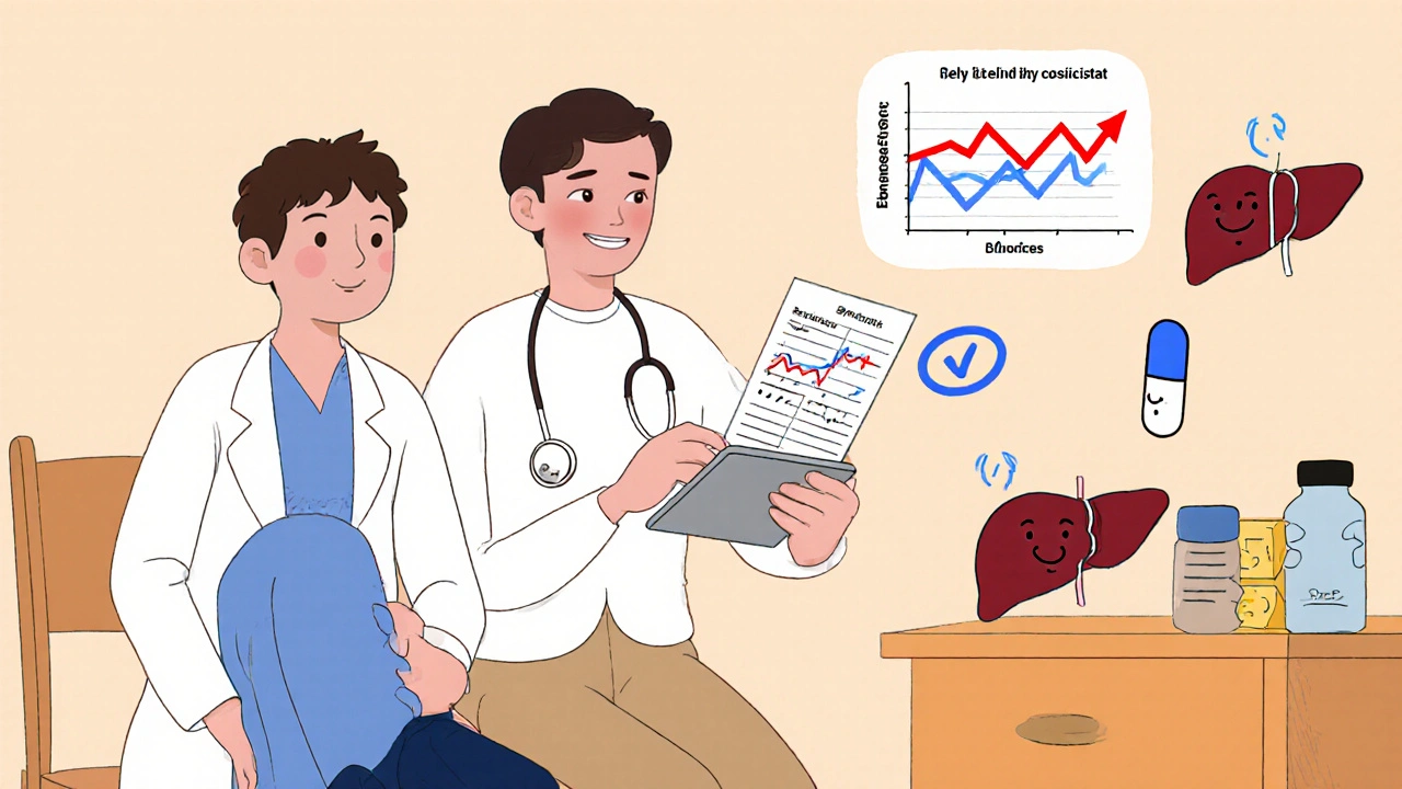 A doctor and patient reviewing blood test graphs showing hormone level changes due to medication interactions.
