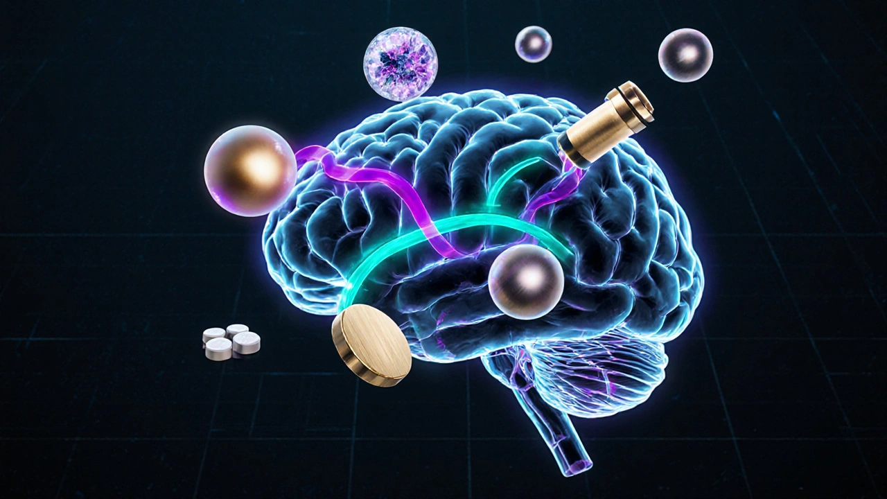 Abstract brain illustration with colored pathways and glowing shapes representing different drugs.