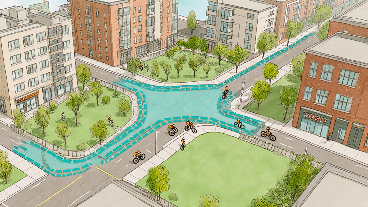 Aerial view of a grid‑based neighborhood with pedestrian shortcuts and protected bike boulevards.