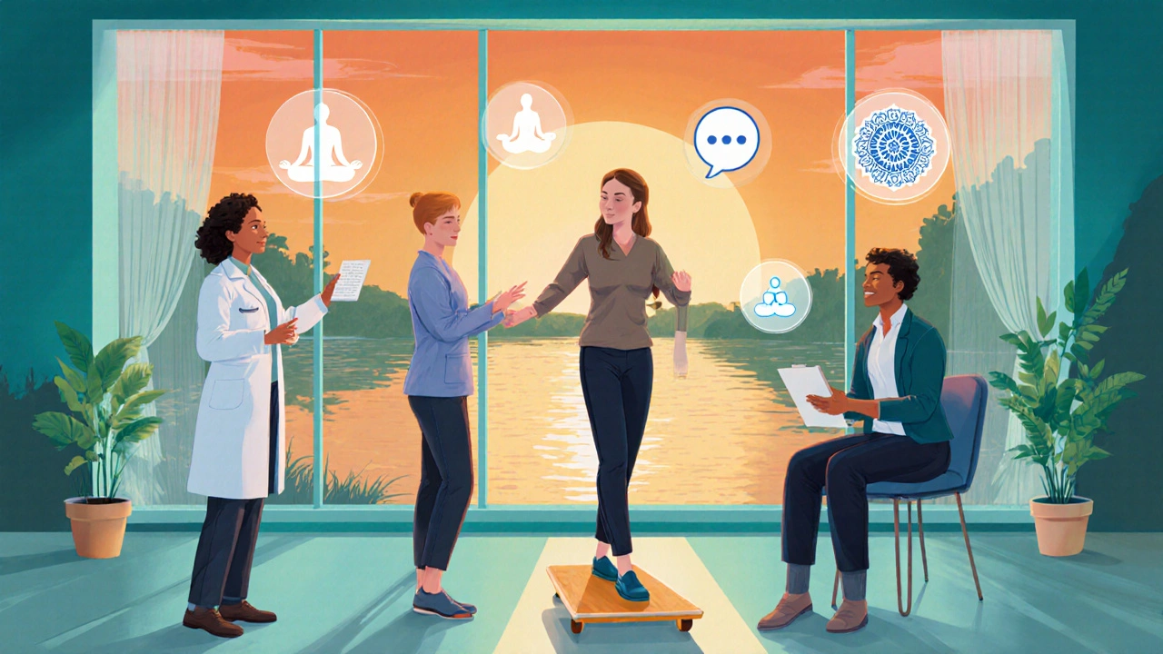 Bright clinic scene with multidisciplinary team helping a patient practice balance and mindfulness.