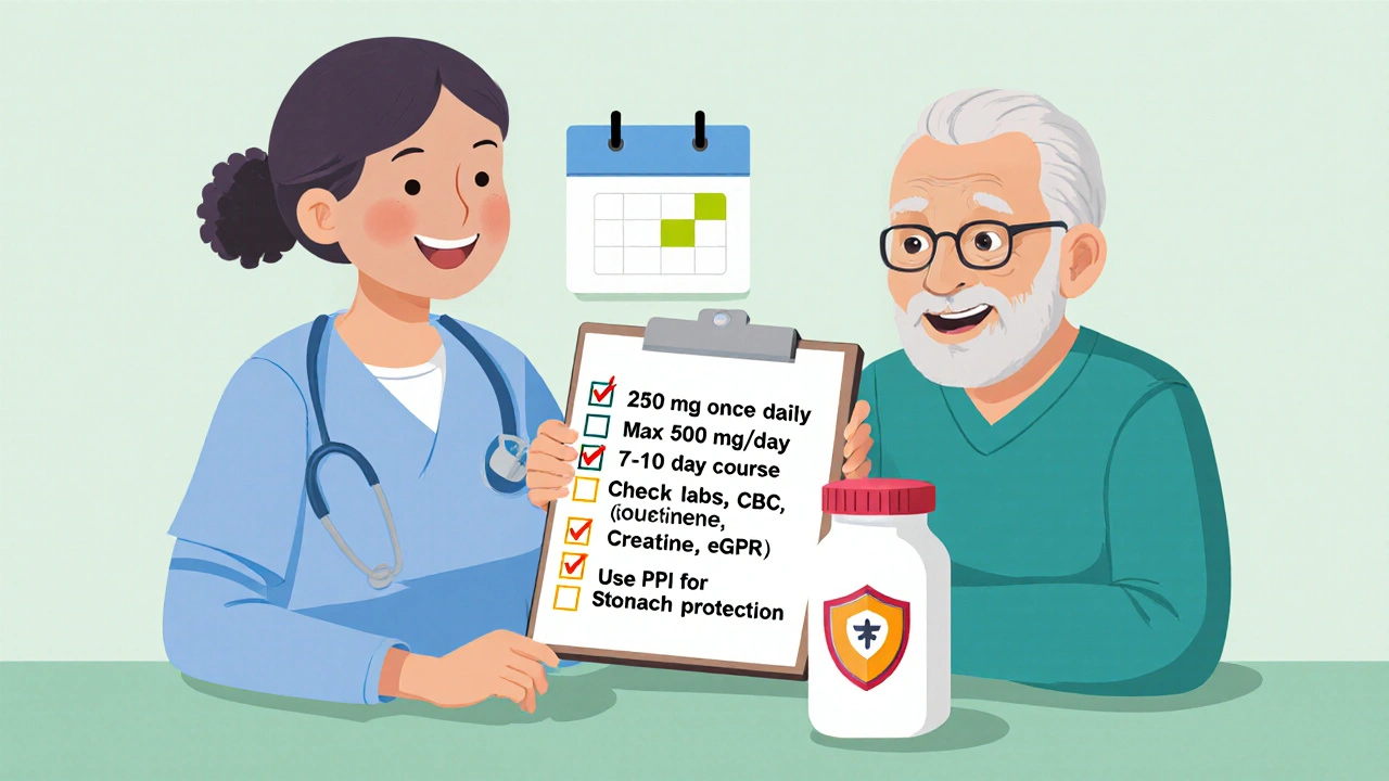 Caregiver and senior reviewing a medication safety checklist with pills and calendar.