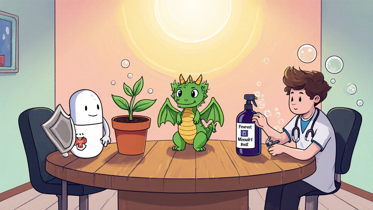 Cartoon characters representing Finrest, Dutasteride, Minoxidil, Saw palmetto, and hair transplant gathering.