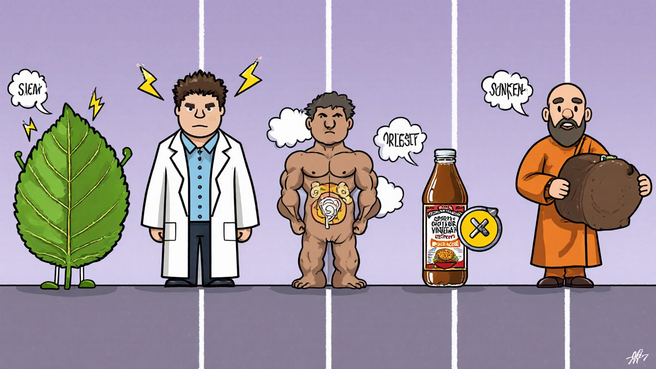 Cartoon characters representing top weight loss supplements, with Ayurslim depicted as an outdated monk compared to more dynamic alternatives.