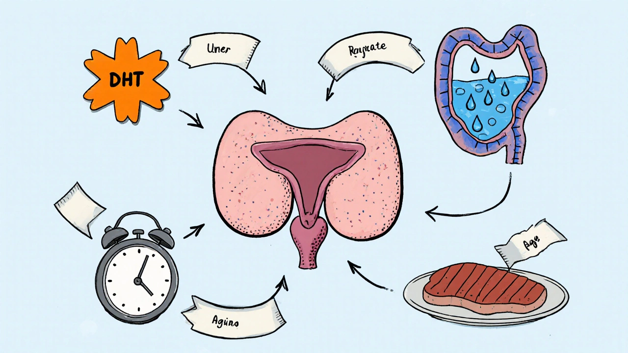 Cartoon diagram linking a central prostate to DHT, urinary blockage, aging, and diet factors.