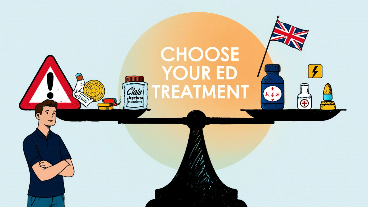 Cartoon man weighing Kamagra Jelly, Cialis, Viagra, and L‑Arginine on a scale with cost and safety symbols.
