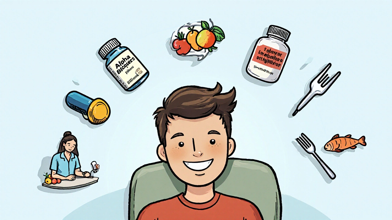 Cartoon montage of a happy man with pills, therapy, healthy foods, and surgery symbols for treatment.