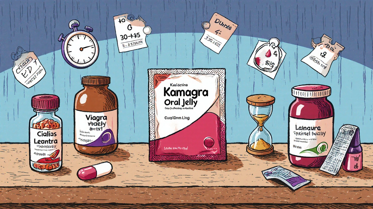 Cartoon table with Kamagra jelly and various ED pills, each with icons for onset, duration, and price.