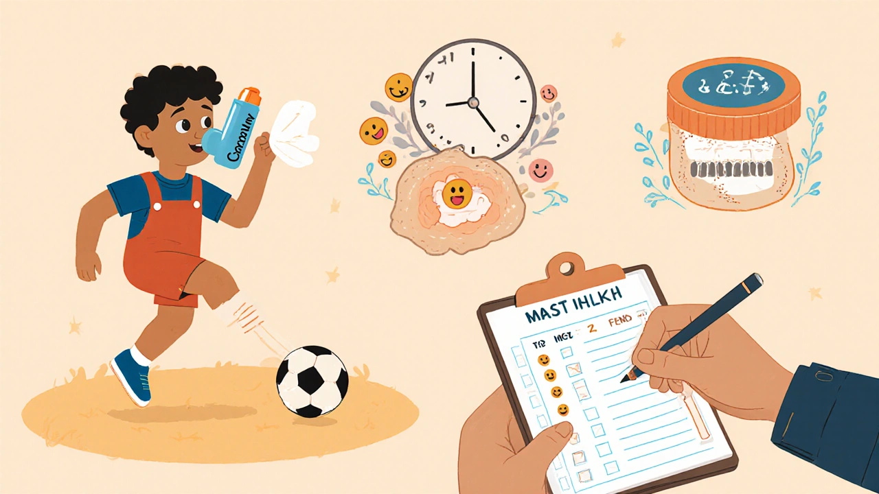 Child using a nasal inhaler before sports, with a clock showing weeks of daily use and a locked mast cell symbolizing prevention.