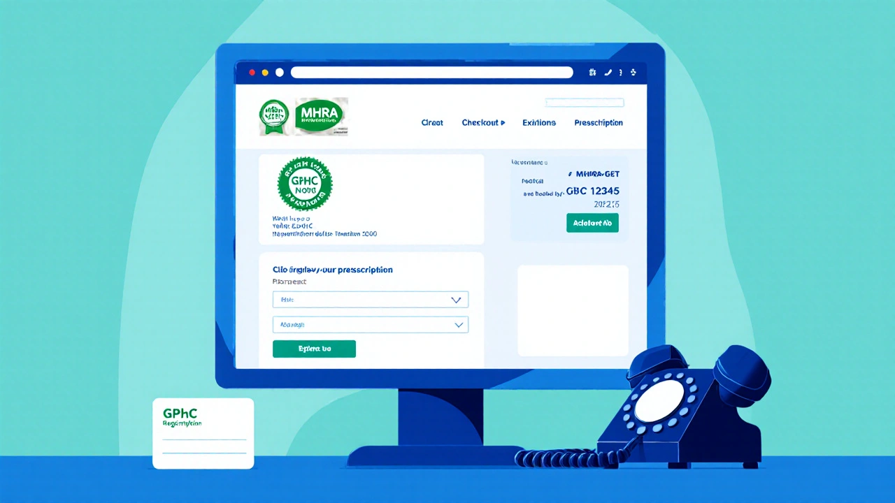 Close‑up of pharmacy website showing MHRA seal and prescription upload fields.