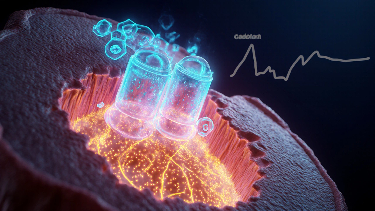 Cross‑section of a heart cell showing digoxin blocking sodium pumps and increased calcium.