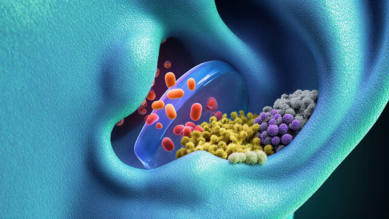 Cross‑section of an ear canal with a silicone earplug, showing colorful bacteria and fungal spores.