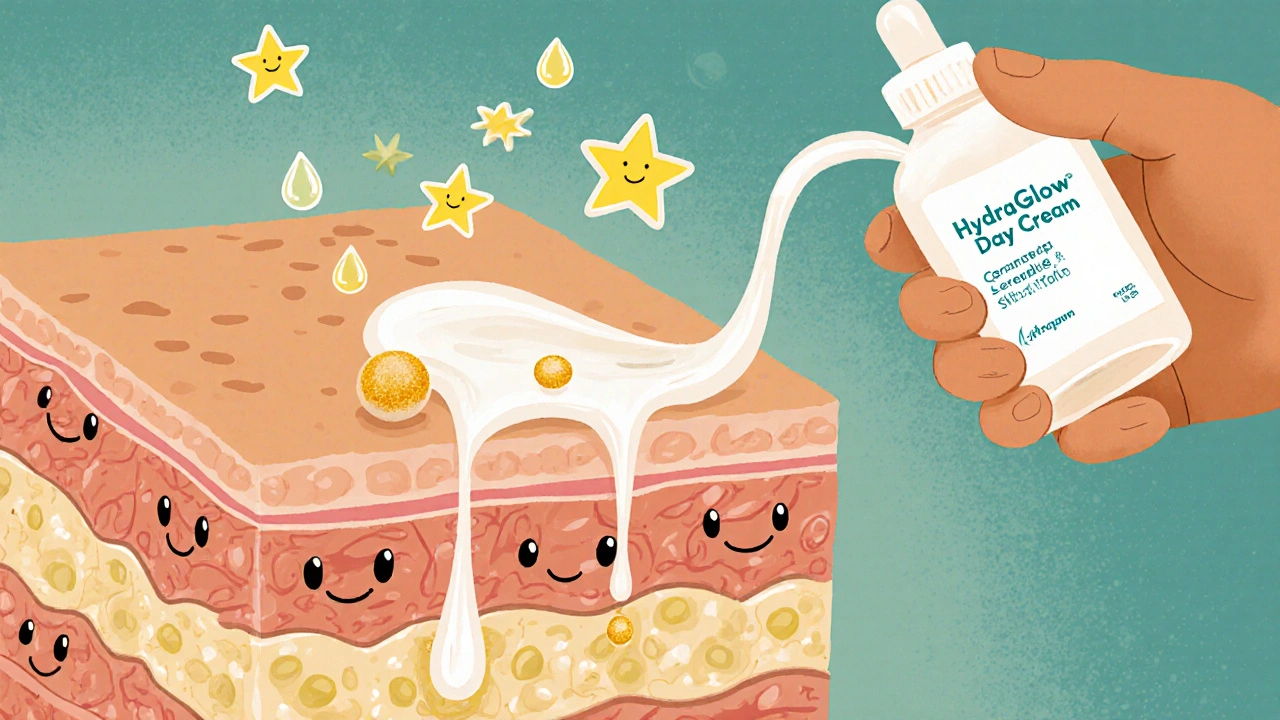 Cross‑section of skin showing calcium ions boosting ceramide production and a cream bottle.