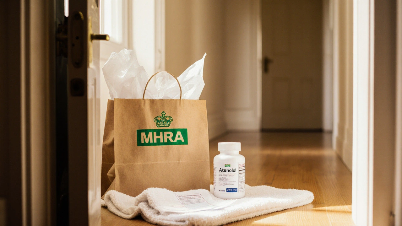 Delivered box with MHRA logo revealing a bottle of generic atenolol.