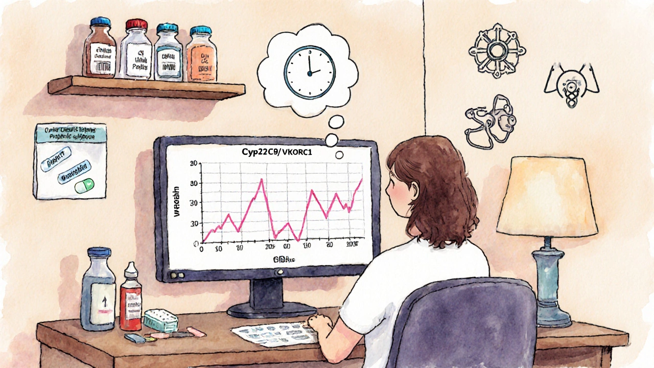Doctor and patient reviewing INR graph at clinic, genetic test kit and hormone therapies on shelf beside them.
