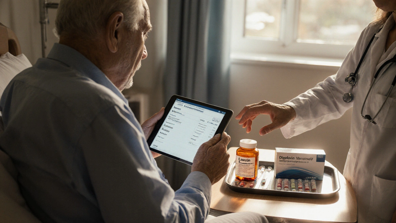 Elderly patient and doctor discussing medication options with pill bottles on a bedside table.