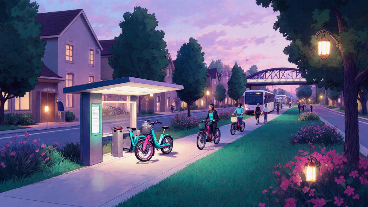 Evening scene of a 15‑minute suburb featuring a micro‑mobility hub and green corridor linking to transit.