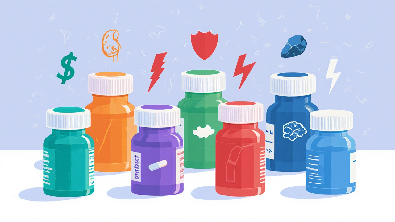 Flat illustration of six gout medication bottles with icons for class, pros and cons.