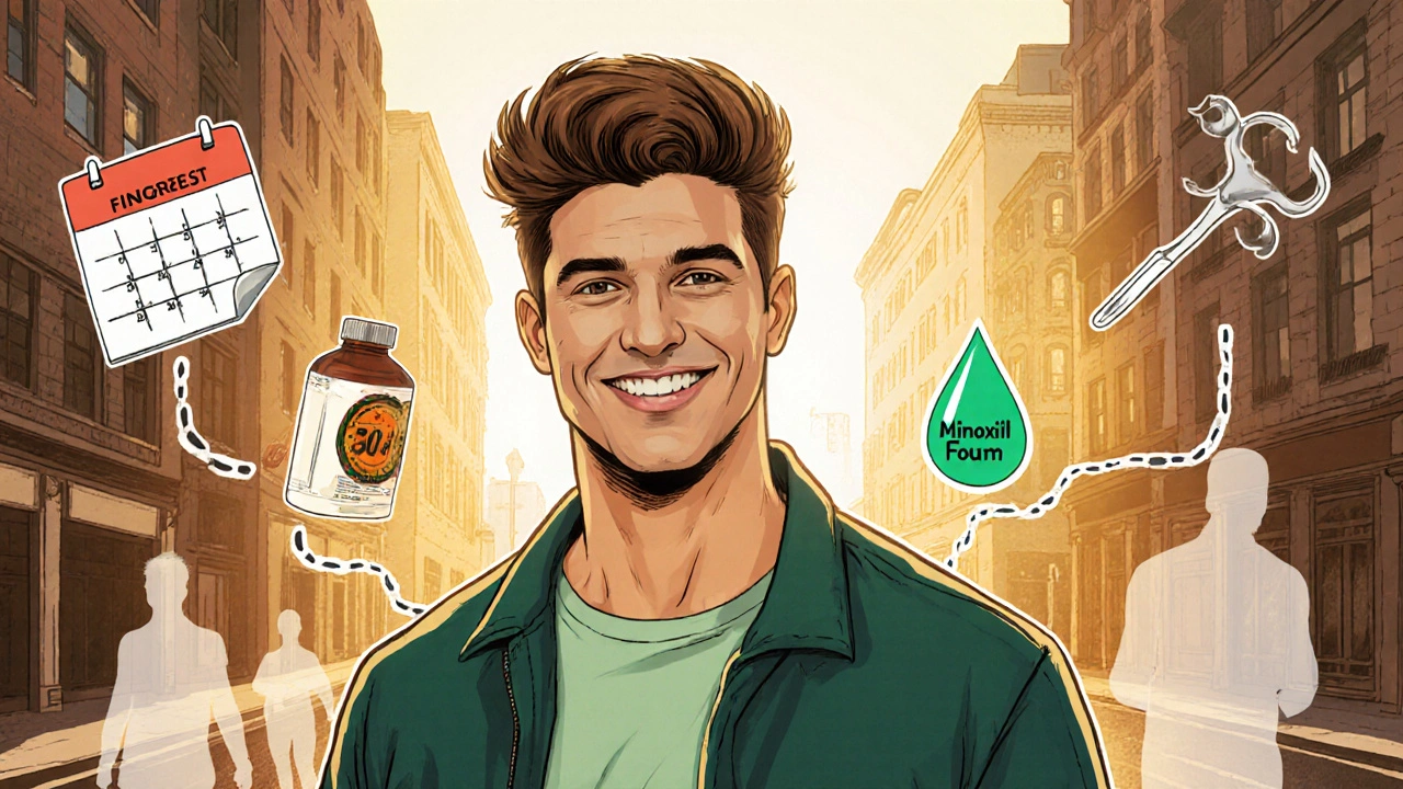 Happy man with thick hair walking forward, surrounded by symbols of medication and transplant.