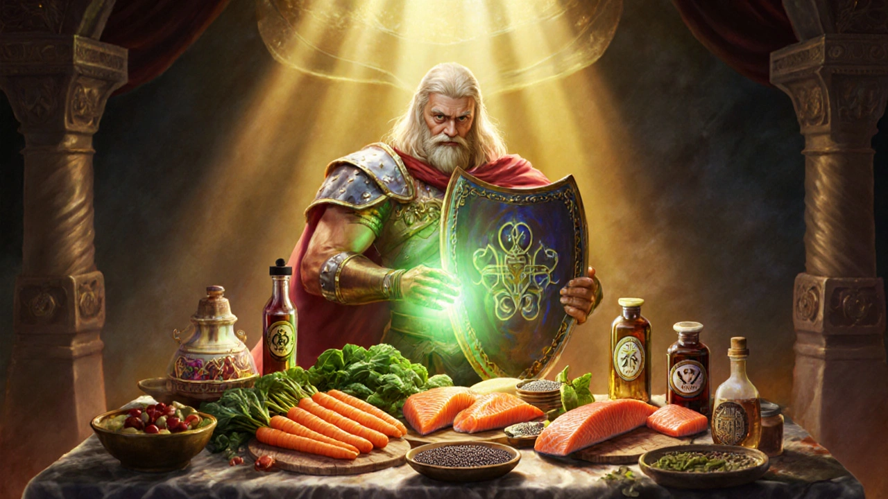 Hero at vibrant feast with nutrient‑rich foods and potions, glowing aura of healthy skin and hair.