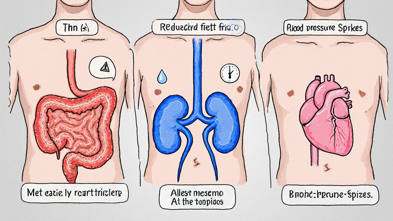 Illustrated torso cross‑section showing stomach, kidneys, and heart with risk icons.