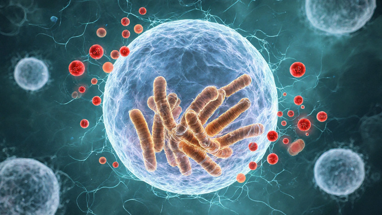 Illustration of a neutrophil filled with bacteria surrounded by glowing cytokine particles.
