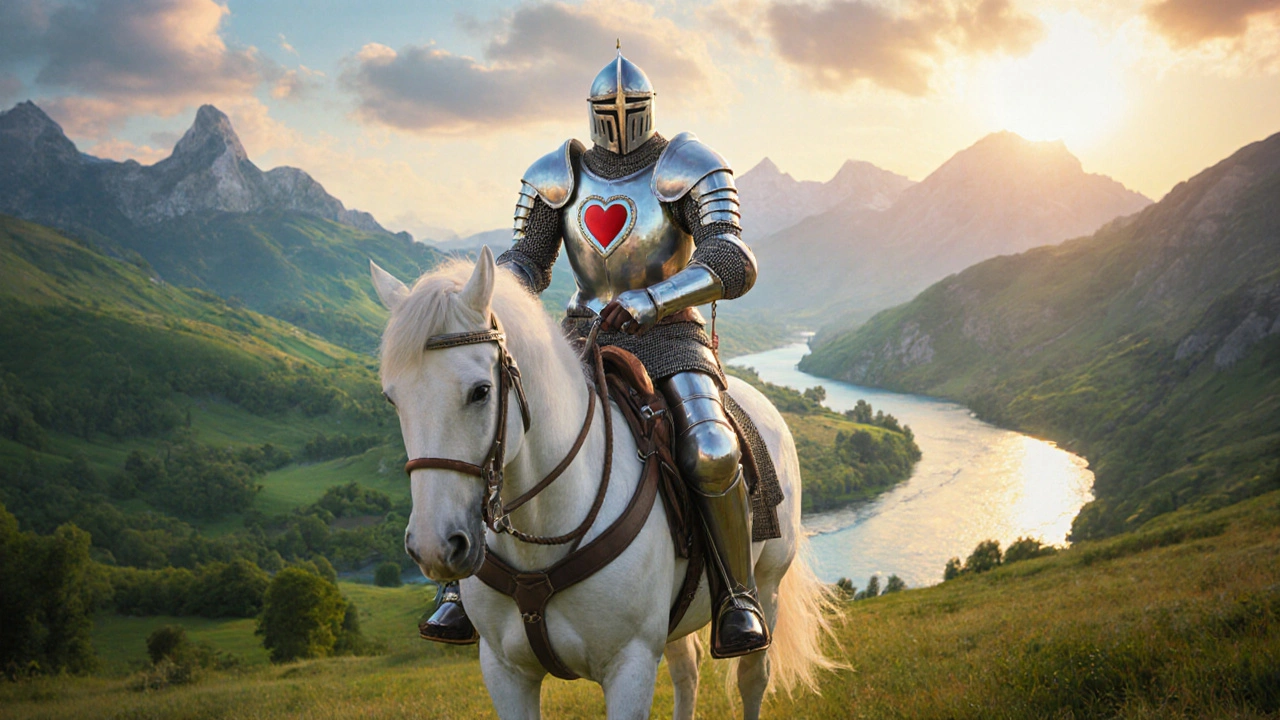 Knight on horseback rides through a calm valley symbolizing lowered blood pressure in RPG art.