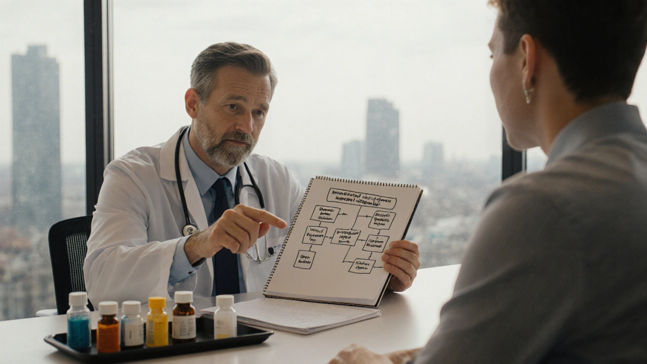 Patient and doctor discussing medication options over a tray of distinct pill bottles.