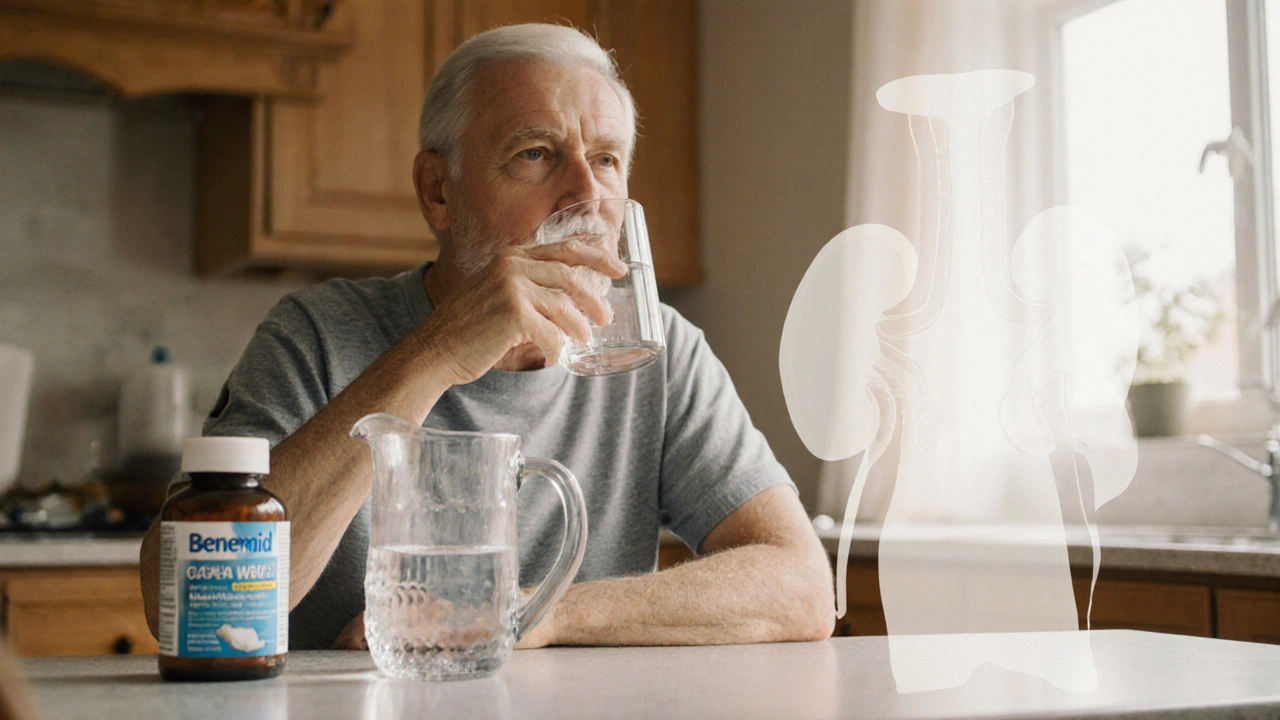 Patient drinking water at kitchen table with Benemid bottle and subtle kidney stone silhouette.