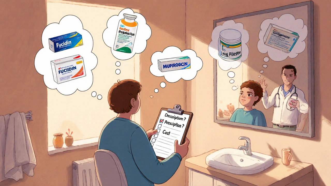 Patient with checklist choosing among different topical antibiotics, guided by a doctor.