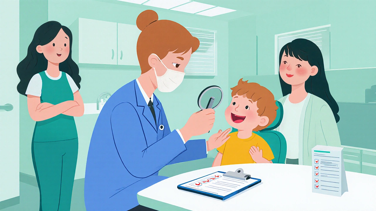 Pediatric dentist examines child's teeth while parents watch reassuringly.
