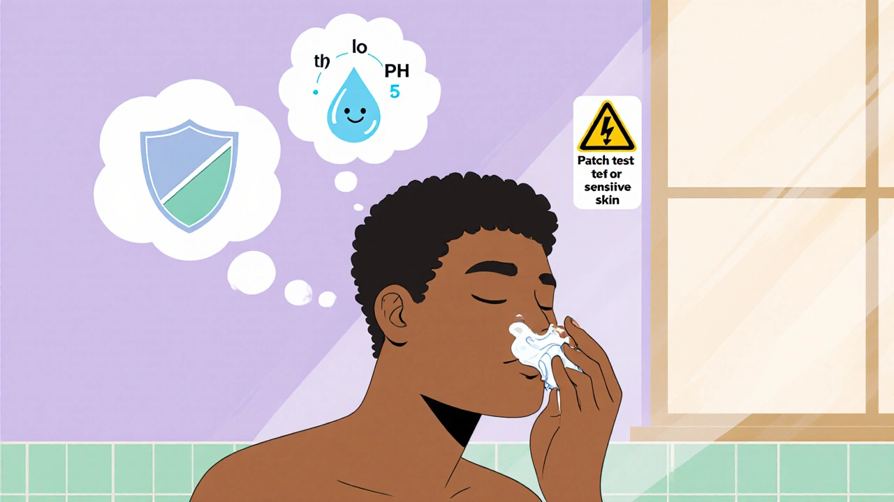 Person applying moisturizer with thought bubbles showing benefits and a caution sign.