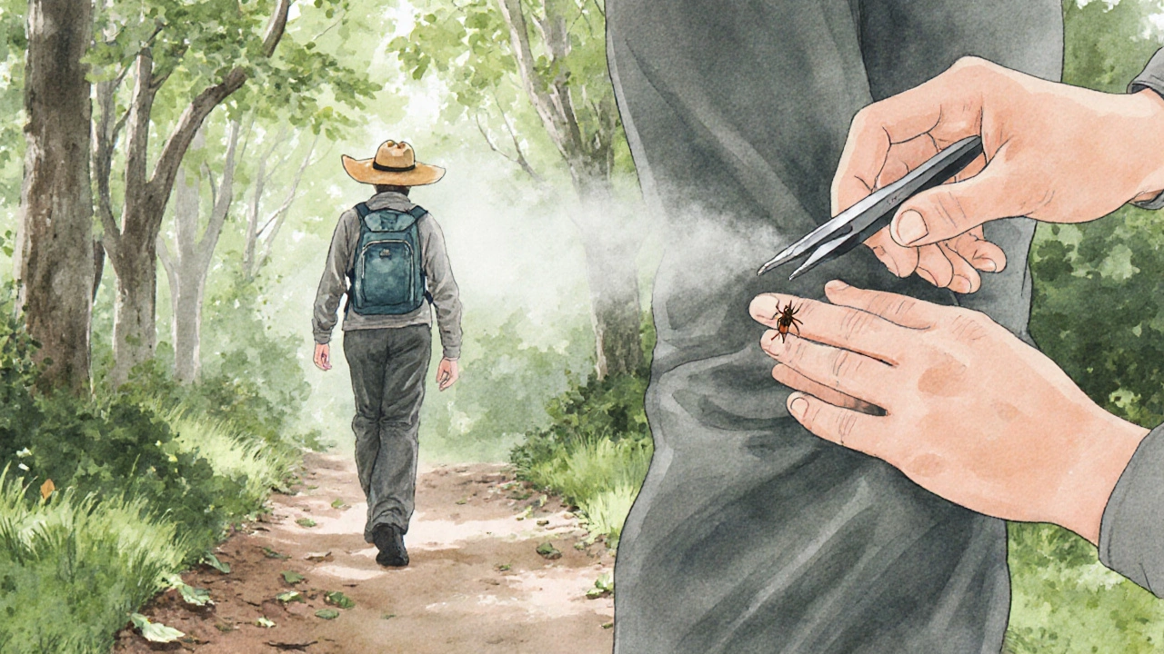 Person in forest wearing protective clothing, applying repellent and checking for ticks.