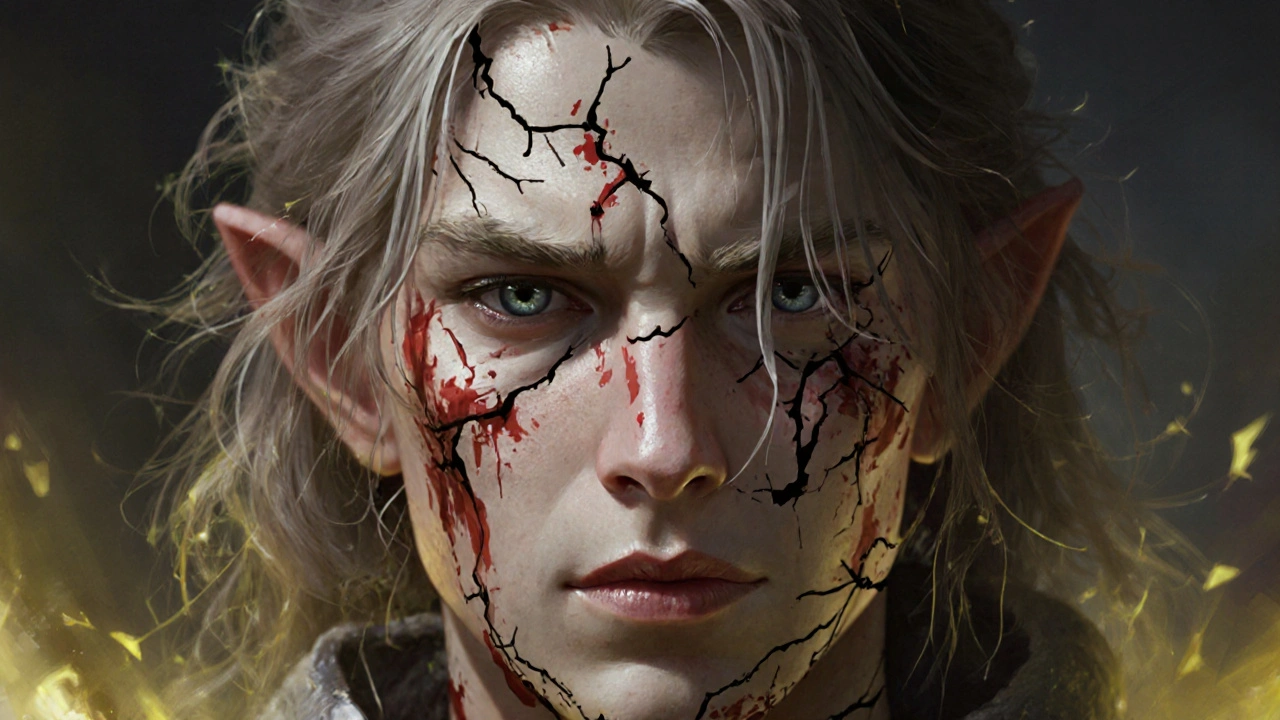 Portrait of character with dry flaky skin, pale tone, brittle hair, and a sickly aura.
