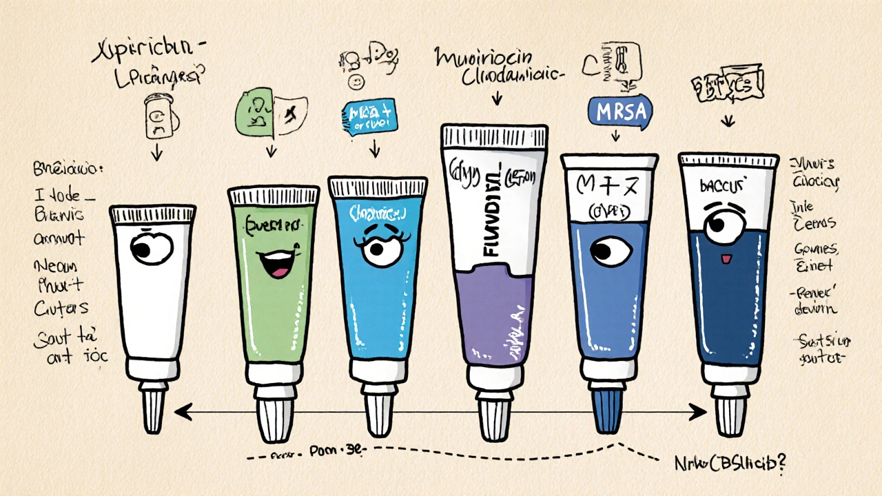 Row of five cartoon cream tubes with icons for spectrum, cost, and prescription status.
