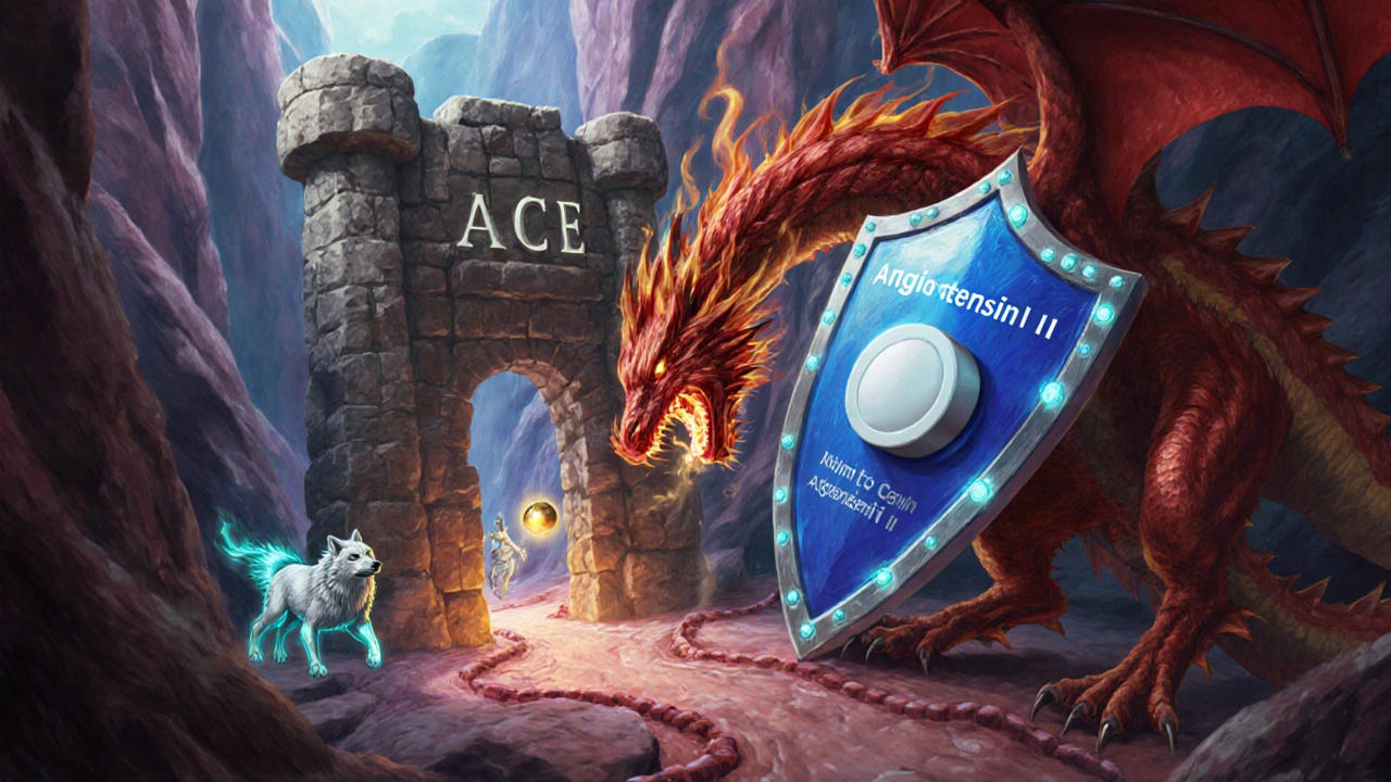 RPG battle inside an artery where a shield blocks a fiery dragon representing angiotensin II.