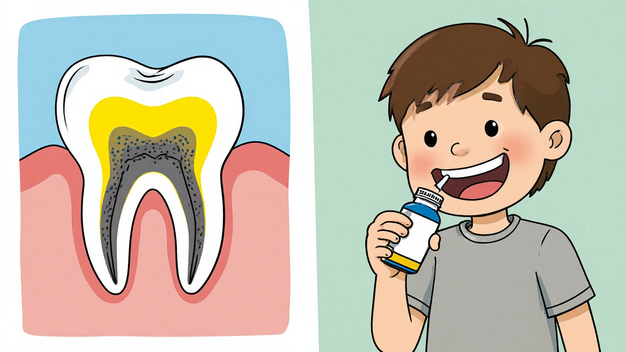 Side‑by‑side view of tetracycline‑stained tooth and healthy teeth after doxycycline.