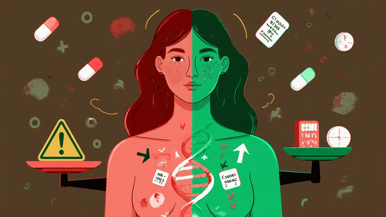 Split-body illustration showing rising and falling INR with genetic variants emerging from chest, estrogen and warfarin symbols in balance.
