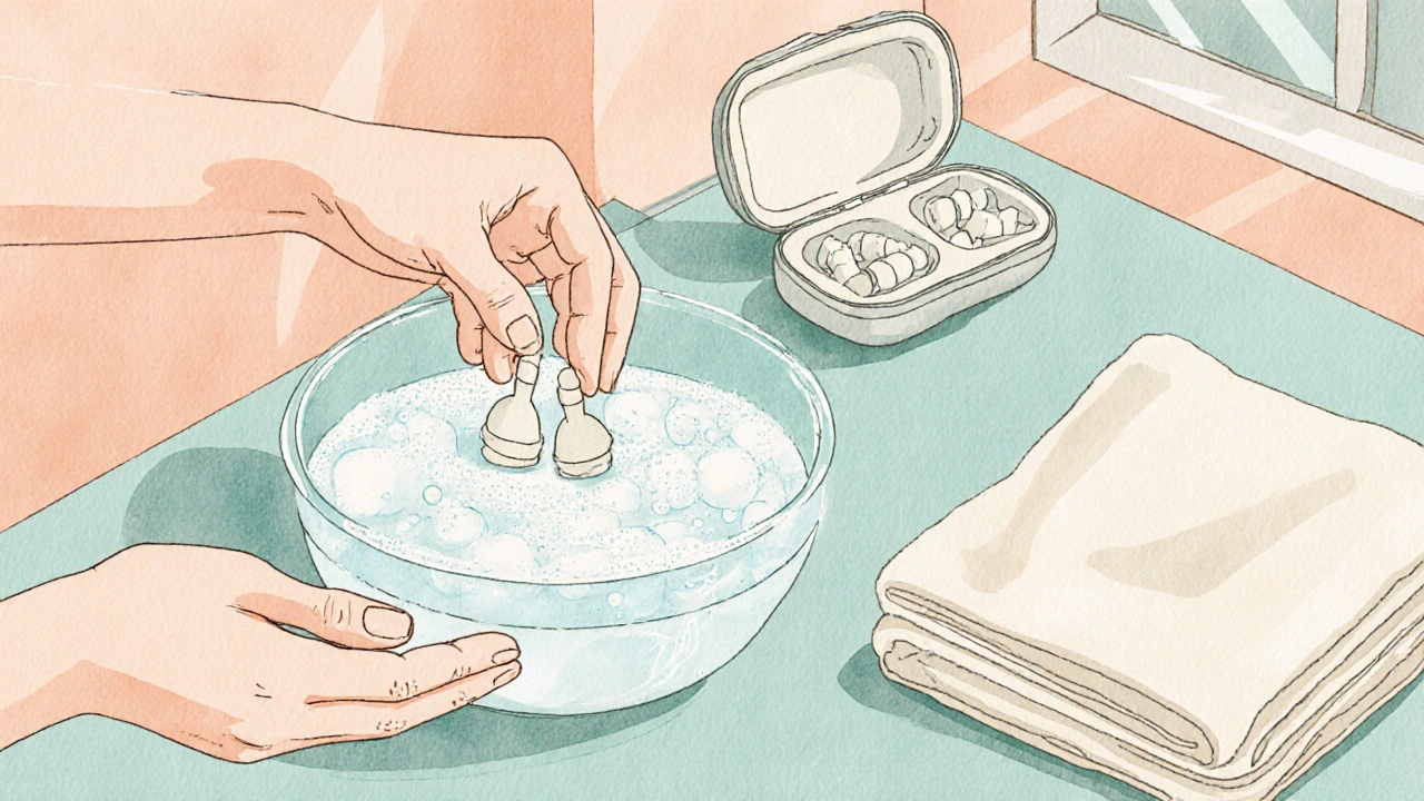 Watercolor scene of clean hands washing reusable earplugs, with soap, towel, and storage case.