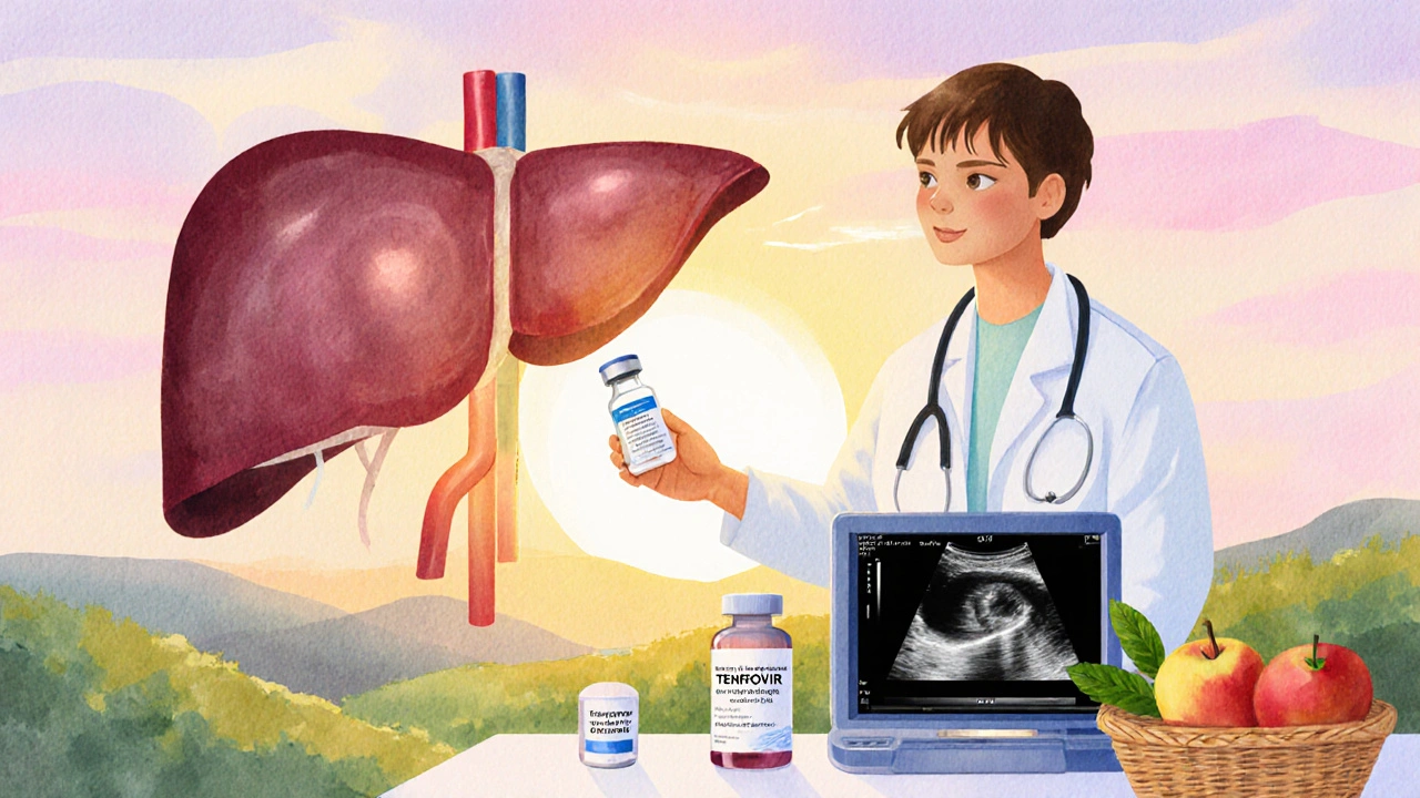 Watercolor scene of vaccination, antiviral pills, and healthy lifestyle preventing liver cancer.