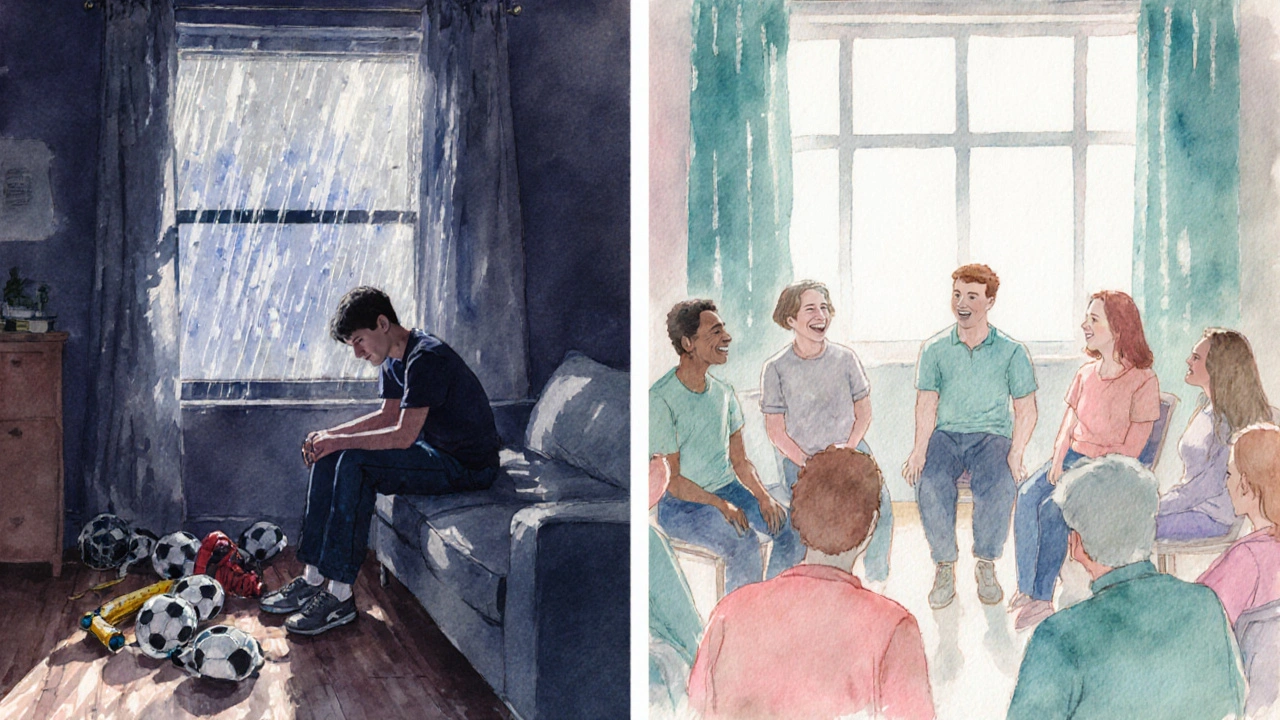 Watercolor split scene showing isolation vs support group for two muscle condition patients.