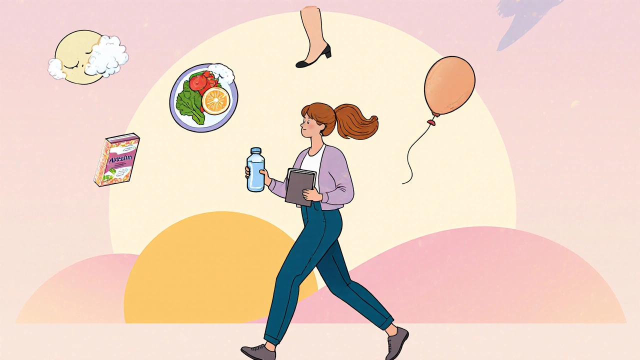 Woman walking at sunrise with lifestyle icons above her, while an Ayurslim capsule fades away, symbolizing real weight loss through habits.