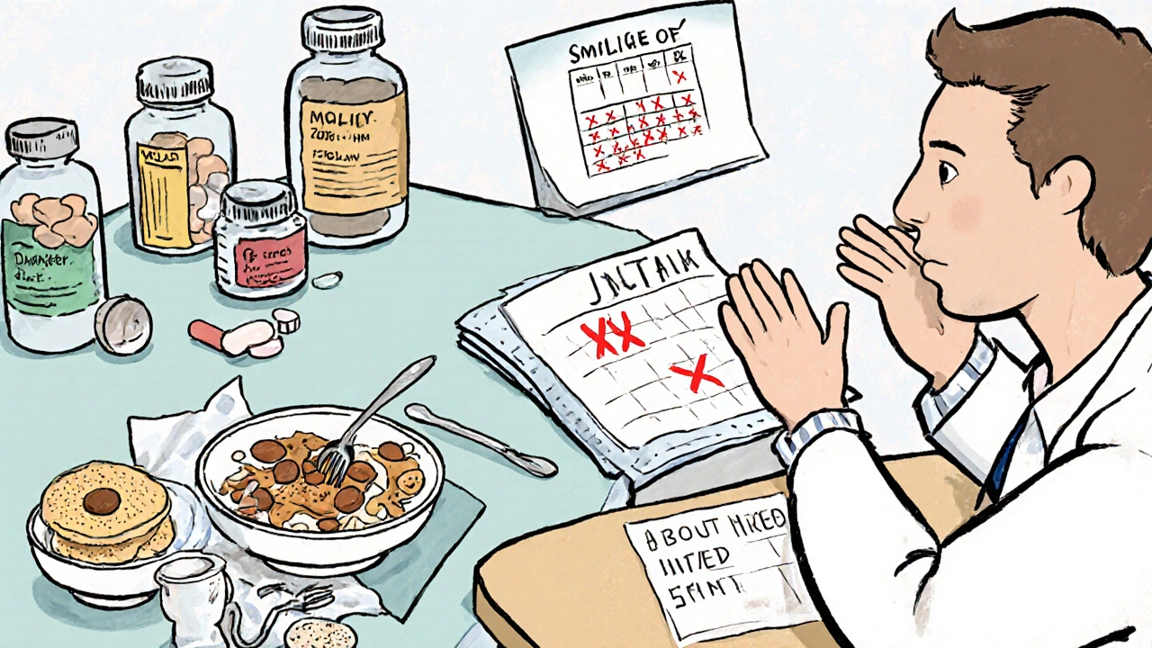 A doctor and patient talking calmly over a cluttered counter of medication bottles and missed days.