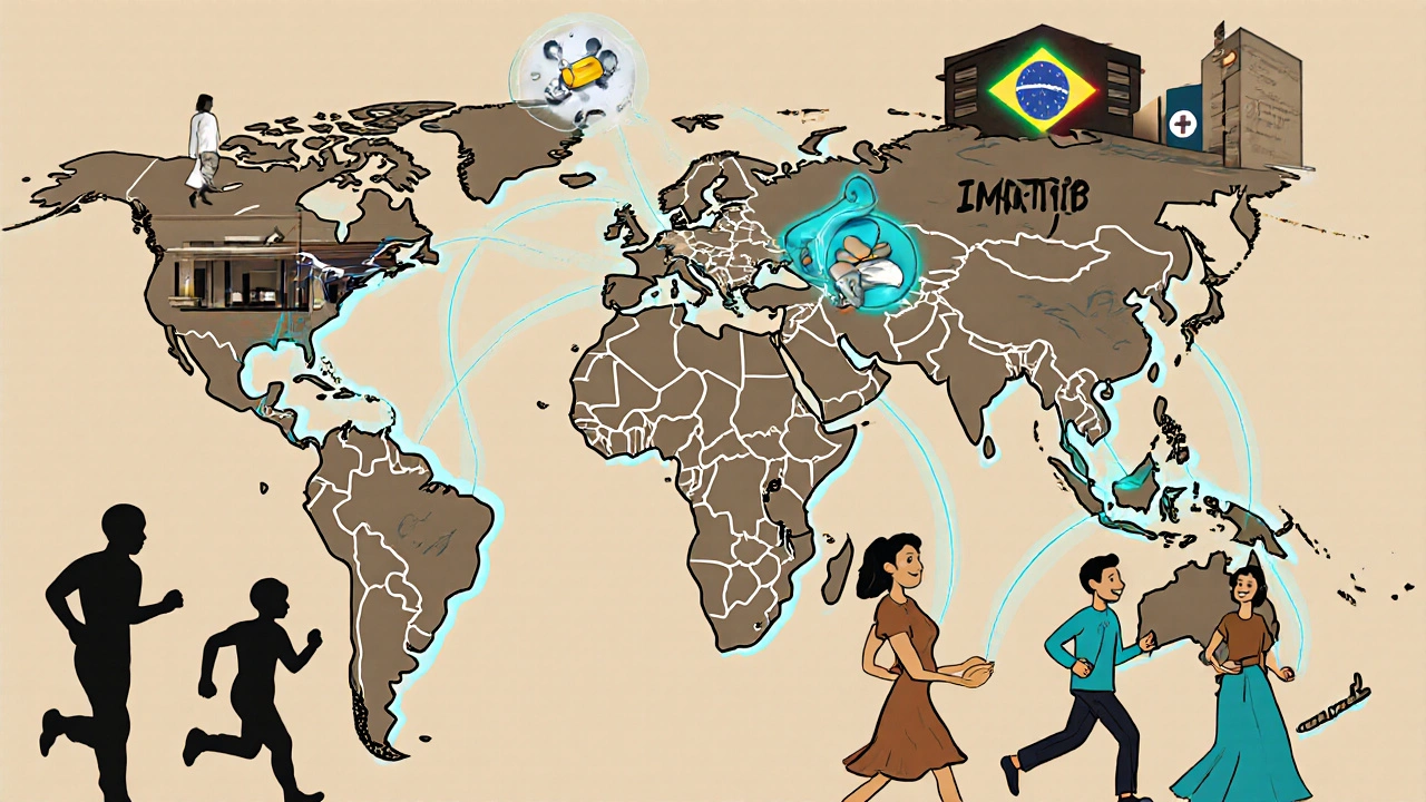 A global map showing imatinib pills flowing to patients in countries around the world, contrasting past and present.