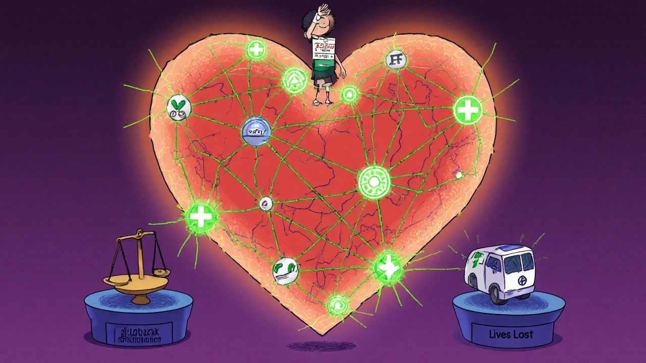 A heart made of supply chain nodes, some glowing with tech solutions, others dark from systemic failures.