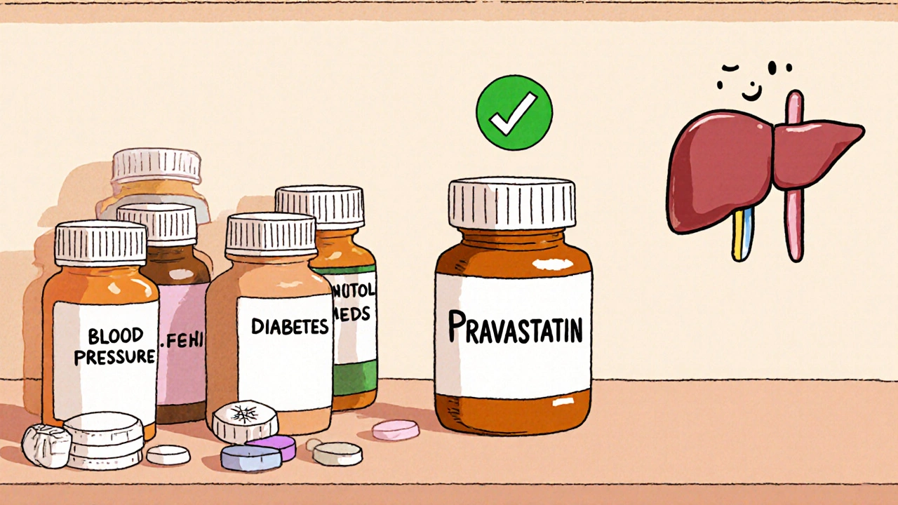 A kitchen counter with multiple medications, pravastatin highlighted as having fewer interactions.