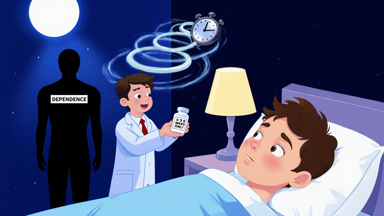 A person at night receiving a short-term pill bottle as dependence grows taller behind them.