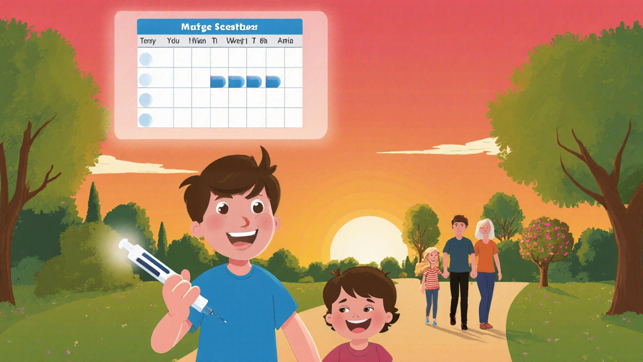 A person walking with a child in a park, holding a weekly injection pen, surrounded by a simplified treatment schedule.