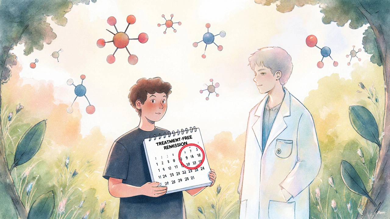 A young person in a garden, symbolizing life after stopping cancer treatment, with floating molecular structures nearby.