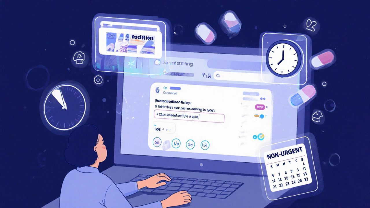 AI-assisted patient portal suggesting responses to medication concerns, with non-urgent banner and timeline icon.